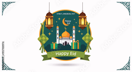 Eid Mubarak Greeting Card with Mosque and Lanterns