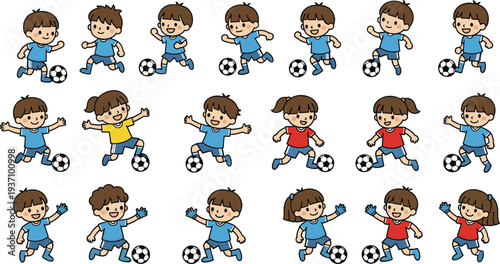 Cute cartoon children playing soccer collection, boys and girls in blue red and yellow uniforms kicking football sports set