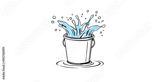 bucket, water, splash, overflow, spill, liquid, drop, droplets, wave, aqua, blue, clean, fresh, washing, wash, pail, container, handle, cartoon, cute, funny, playful, icon, symbol, vector, illustratio