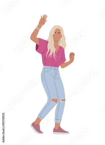 Flat vector illustration of a cheerful young woman dancing with raised arms, wearing pink t-shirt, ripped jeans and sneakers. Modern minimalist full-body character isolated on transparent background.