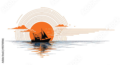 A minimalist illustration depicts a sailboat silhouetted against a vibrant orange sunset over the ocean