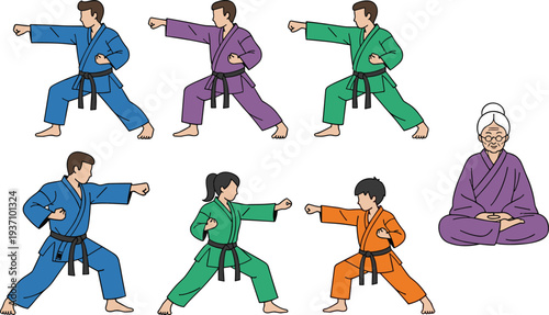 Diverse group of karate students in colorful uniforms practicing punches while elderly woman meditates in peaceful zen yoga pose,