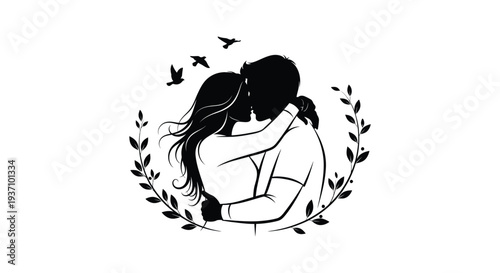 A silhouette of a couple embracing surrounded by leaves and flying birds in black and white