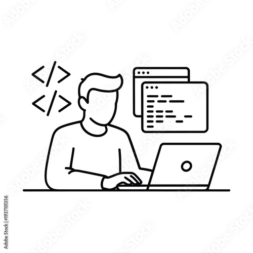 A person coding at a laptop with programming symbols above their head