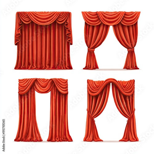 Set of four red theater curtains with various drapes, isolated on a white background