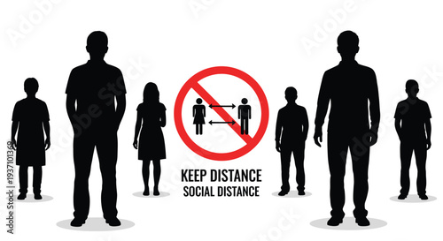Family observing social distancing guidelines with a warning sign silhouette