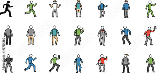 Diverse stick figure collection with cartoon people characters running walking and standing in colorful clothing set for icons