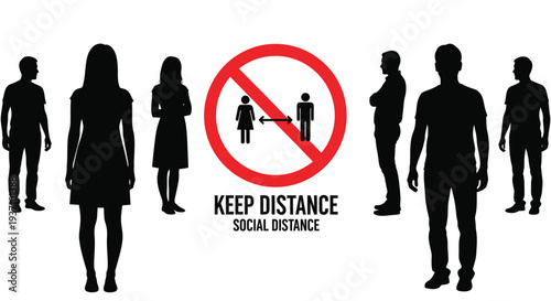 Social distancing signage featuring people and a prohibition symbol silhouette