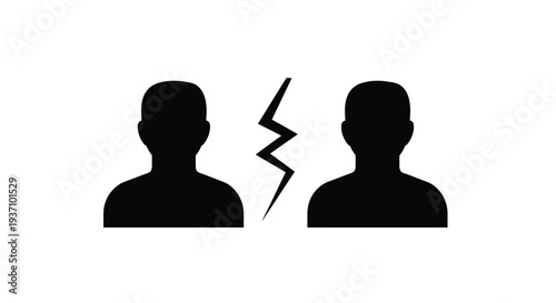 Two figures facing each other with a lightning bolt between them silhouette