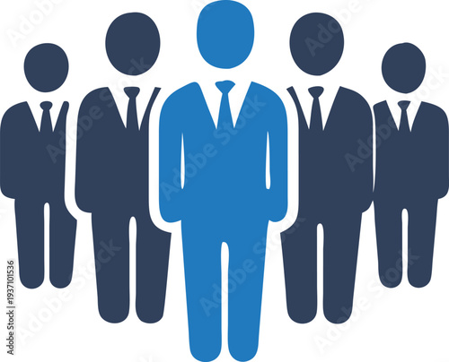 A blue business leader is followed by his colleagues in navy color