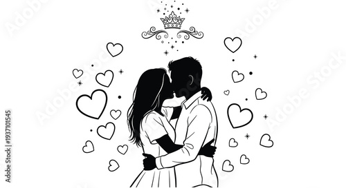 A silhouetted couple embraces in a kiss surrounded by hearts and a decorative crown design
