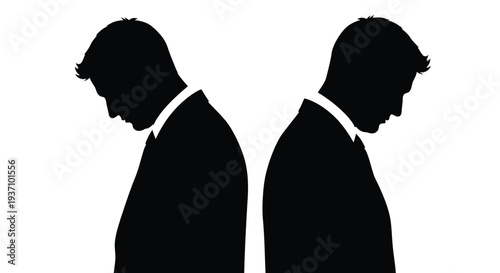 Two men facing away heads bowed in a somber black silhouette