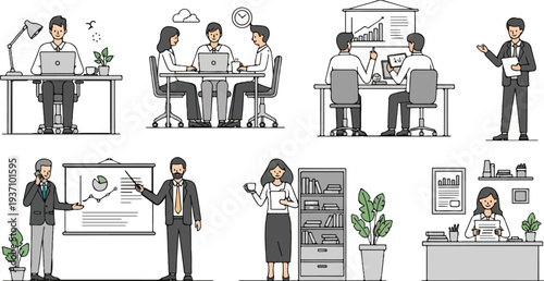 Various office scenes depict teamwork, presentations, and individual work