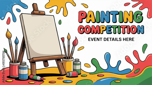 Vibrant painting competition setup with colorful paints and brushes on an easel
