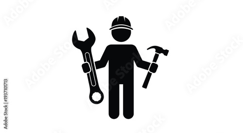 Construction worker holding tools including a wrench and hammer silhouette