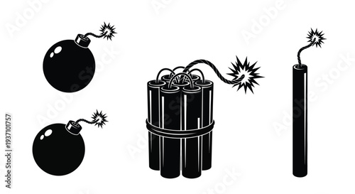 Three explosive devices depicted in a stark black silhouette high quality