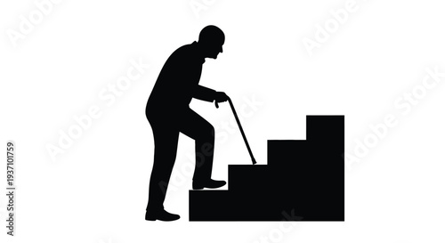 Elderly man using a cane while climbing steps a striking silhouette