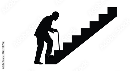 Elderly man with cane ascending stairs a striking black silhouette