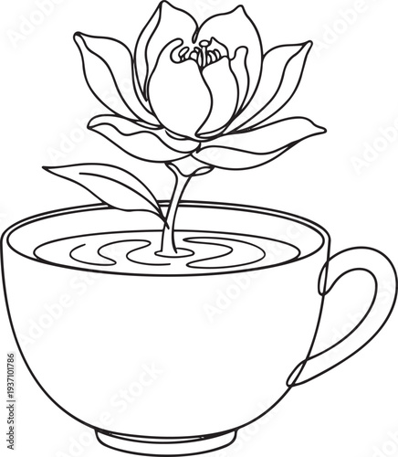 Lotus flower in a teacup continuous one line drawing minimalist outline illustration herbal tea concept in one line art style with editable stroke vector.