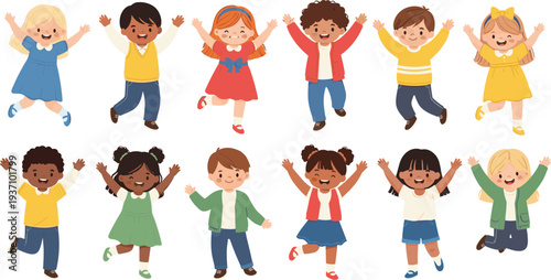 Collection of diverse happy children jumping and waving with joy in cute cartoon style isolated on white background set