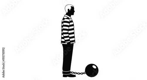 A prisoner in striped clothing chained to a heavy ball silhouette