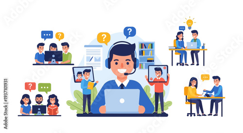 Online Customer Support and Consultation Ecosystem Illustration. Remote help desk, distance learning, technical assistance, and education services concept.