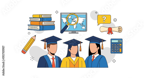 Diverse Graduates Group with Academic Icons. E-learning, Global Study Search, Books, Diploma, and Calculator. University and Knowledge Concept Illustration.