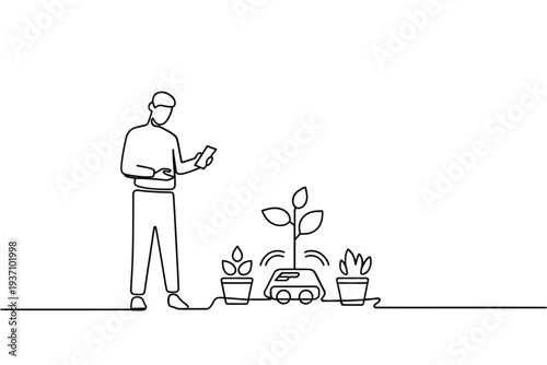 A man tending to plants with a robotic lawnmower in a garden