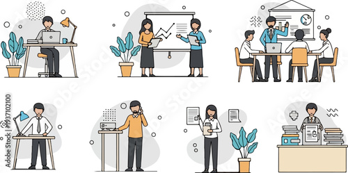 Diverse office scenes featuring individuals engaged in various work-related activities
