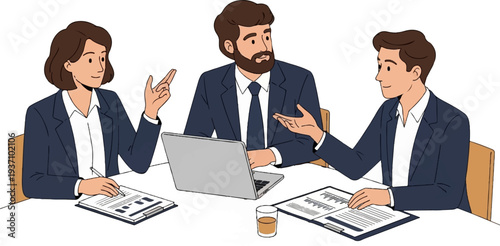 Diverse professionals in a meeting, collaborating around a table with documents and a laptop