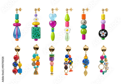 Eclectic beaded earring collection with twelve unique pairs of colorful geometric and floral dangle, artisan jewelry