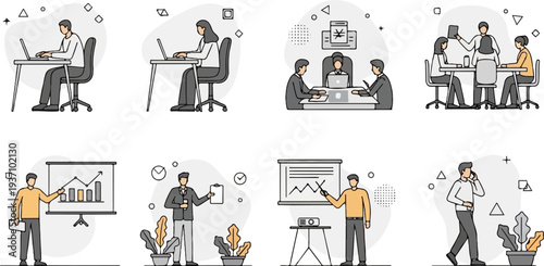 Stylized depictions of professionals engaging in office and meeting activities, presenting data, and communicating