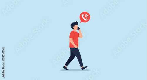 A person in a red shirt walks while talking on a phone, indicated by a speech bubble