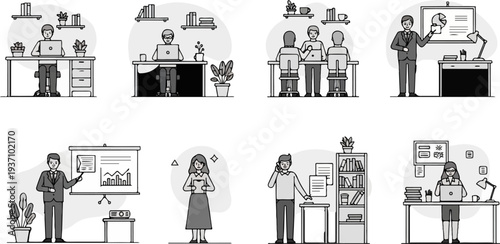 Animated scenes of office work, meetings, and presentations in a minimalist style