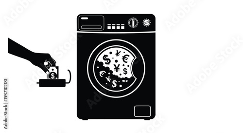 Money being inserted into a washing machine symbolic of financial burdens silhouette