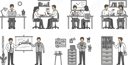 Office workers collaborating, presenting, and organizing in a modern workspace