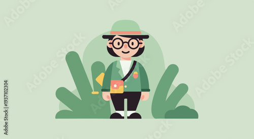 Cartoon character in a hat and glasses with a messenger bag, standing in greenery