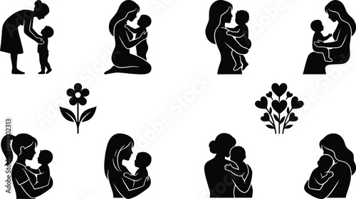 Mother and baby silhouette collection showing maternal love, motherhood bonding moments with infants, family care concept, minimalist black vector illustration set