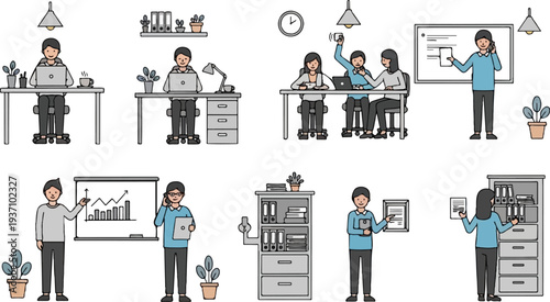 Colleagues collaborating and working in an office environment, with plants and storage