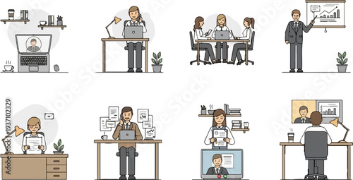 Colleagues collaborate and present work in office and remote settings