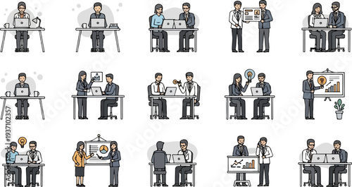 Diverse business scenes depicting collaboration, presentations, and individual work