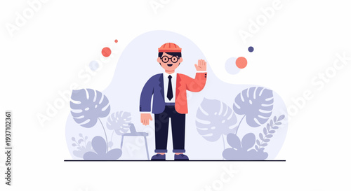 Cartoon man in a suit and hat waves hello amidst stylized plants and floating circles