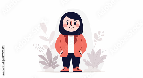 A smiling person in a coral jacket, dark pants, and shoes, stands amidst plants