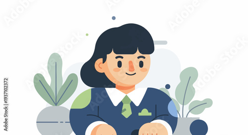 Cheerful person in blue suit with plants, smiling contentedly