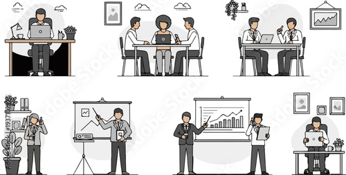 Diverse business professionals collaborate, present data, and work individually in office settings