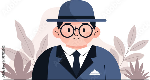A dapper cartoon figure in a hat, spectacles, and suit, framed by abstract plant elements