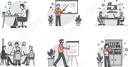 Six illustrations depict people engaged in various office and meeting activities, from working on laptops to presentations