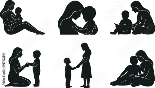Mother and child silhouette collection showing parenting moments, maternal love, family bonding activities, minimalist black vector illustration set for motherhood concept