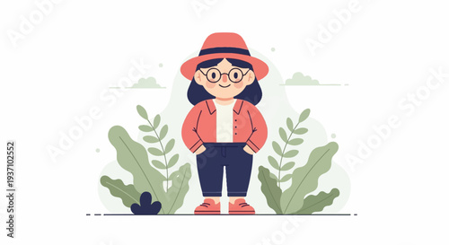 A cheerful cartoon person wearing a hat and glasses, surrounded by plants