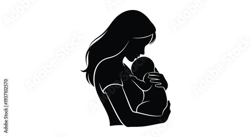 A silhouette of a mother tenderly cradling and embracing her newborn baby in her arms